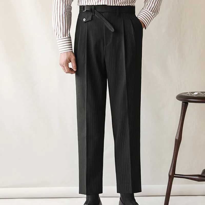 Luxury High Waist Casual Pants Korean Versatile Slim Long Pants Men\'s Fashion Fall Stripe Straight Men Clothes Office Trousers