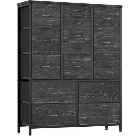 Chest of Drawers 15 Drawers Fabric Dresser with Large Storage Organizer Unit & Metal Frame for Bedroom 100 x 30 x 123 cm Black