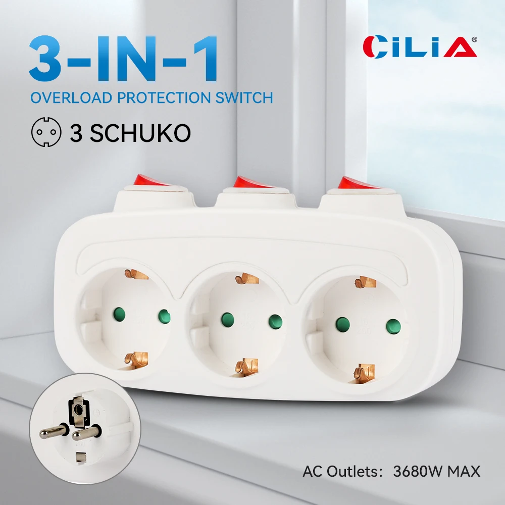 

CILIA EU Electrical Sockets With ON/OFF Switch Euro Mounted 1 To 3 Way Germany Standard Extensions Adapter Power Plug Socket ﻿