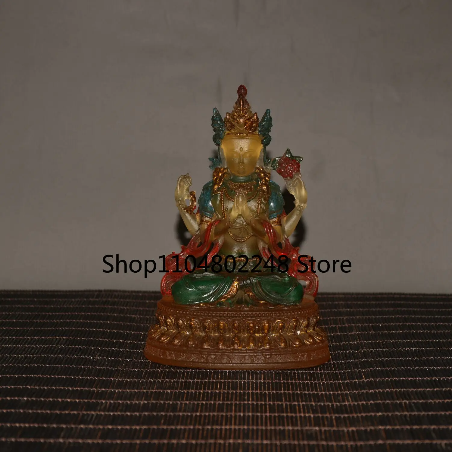 

Collect China old colored glaze color double lotus pedestal four-arm Buddha
