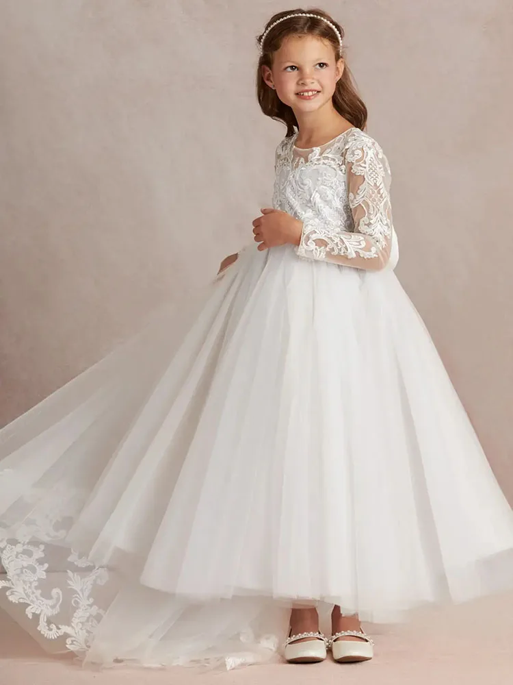 white Flower Girl dress bespoke size elegant tulle appliques long sleeve detachable formal occasion wedding birthday ball gown