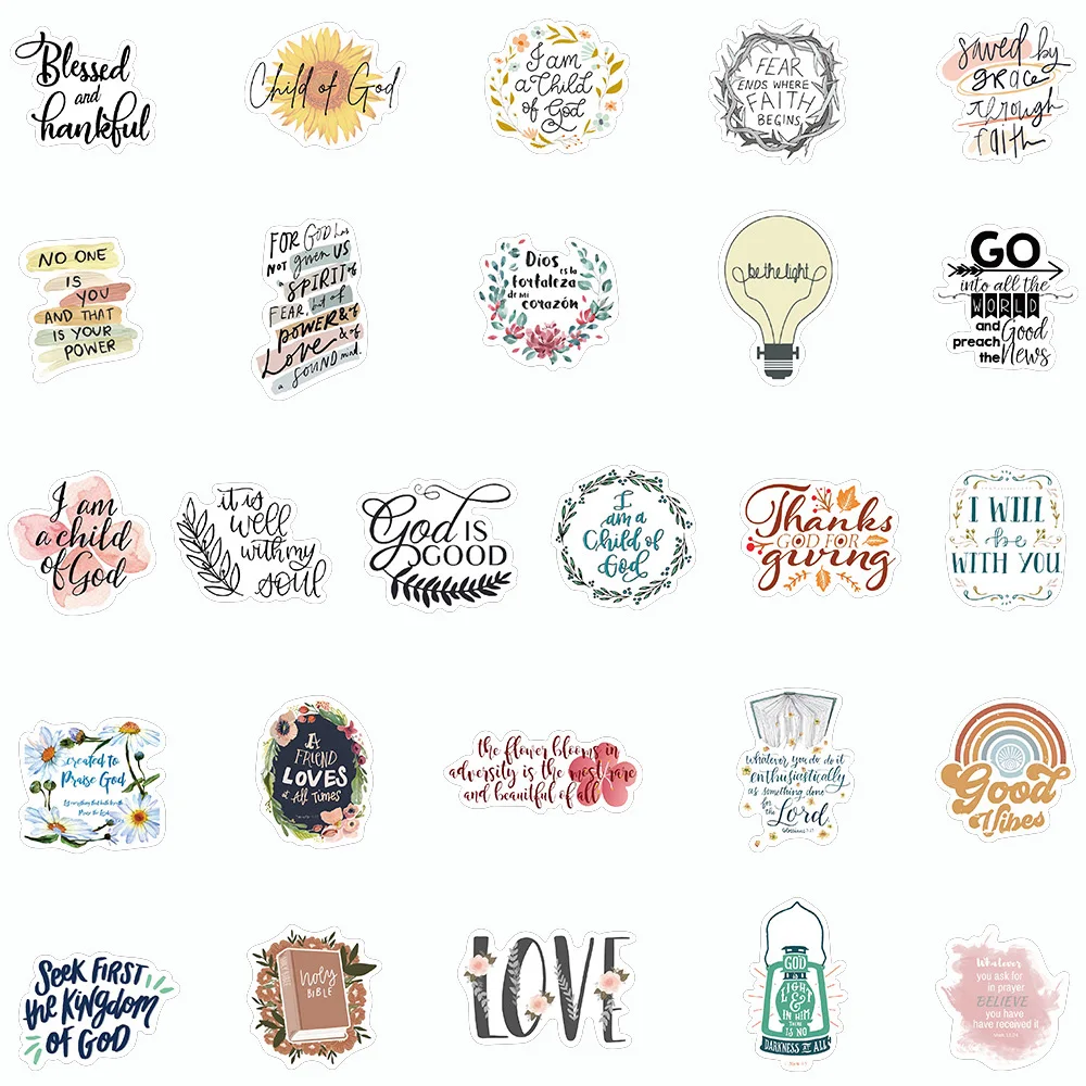 10/30/50pcs Cartoon Jesus Bible Stickers Aesthetic Bible Verse Faith Decals DIY Skateboard Luggage Phone Decoration Sticker Pack
