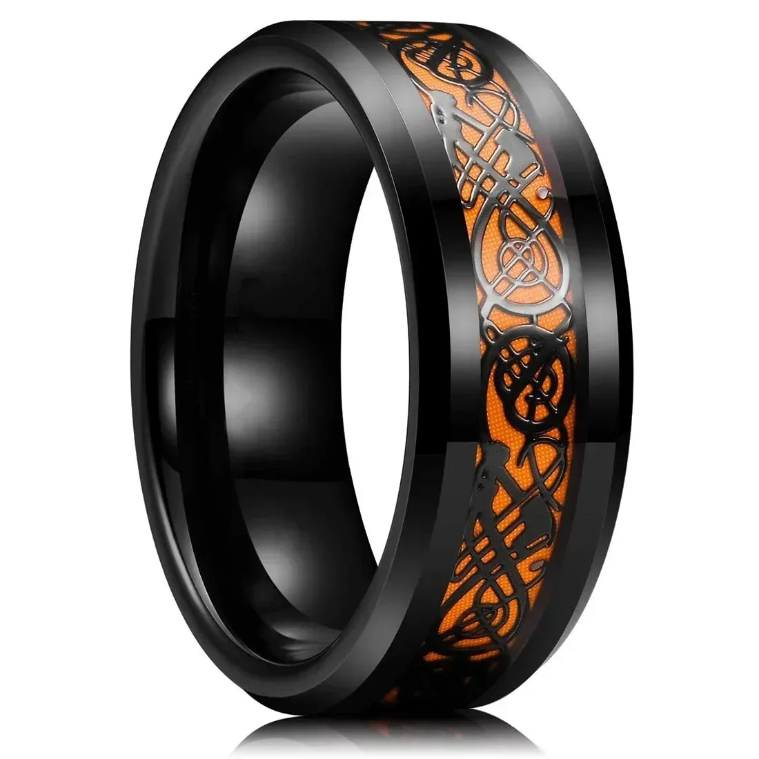 Anillos de dragón celta de acero inoxidable para hombre y mujer, 8mm, con incrustaciones de fibra de carbono naranja, joyería de boda, venta al por mayor