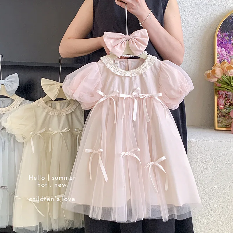 2026 new girls' summer dress, stylish children's fashion, bubble sleeves, mesh skirt, sweet and elegant princess skirt