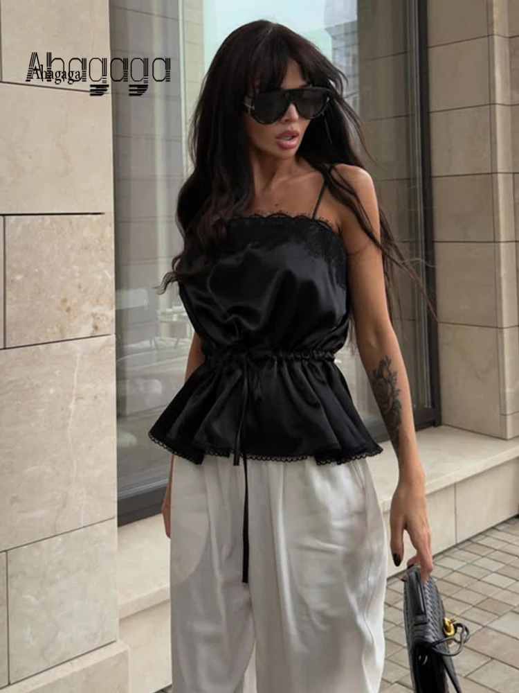

Ahagaga Regular Lace Patchwork Camisole Women Sexy Tops Solid Slim Fit Sleeveless Tees Casual Hot Girl Y2K Streetwear T-shirt