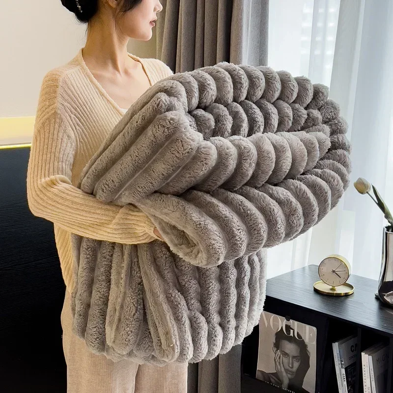 Thickening Rabbit Plush Striped Blanket Warm Soft Coral Fleece Sofa Throw Blankets Bed Sheet Sofa Towel Cover Nap Blanket