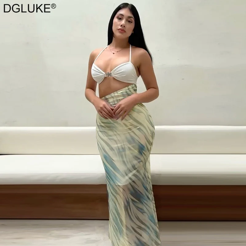 

DGLUKE Halter Neck Backless Sexy Woman Dress Contrast Bralette Top Long Dress Cut Out Bodycon Sparkly Party Dress