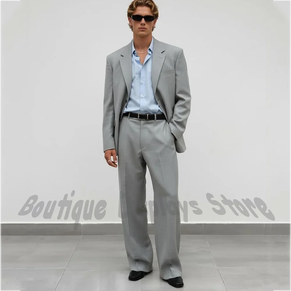 

Light Gray Men Suit Set Straight Fit Notch Lapel Blazer Pants Single Breasted Formal Male Outfit for Party Event Casual Fashion