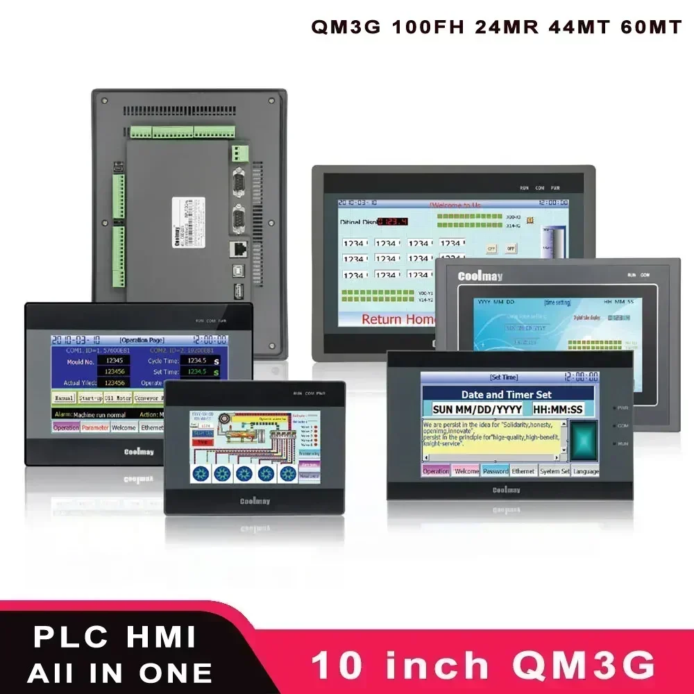 Coolmay HMI PLC 10 Inch All in One Qm3g 100fh 24MR 44MT 60MT 60MRT Integrated with Ethernet 485p Compatible with FX3G/FX3U/FX3S