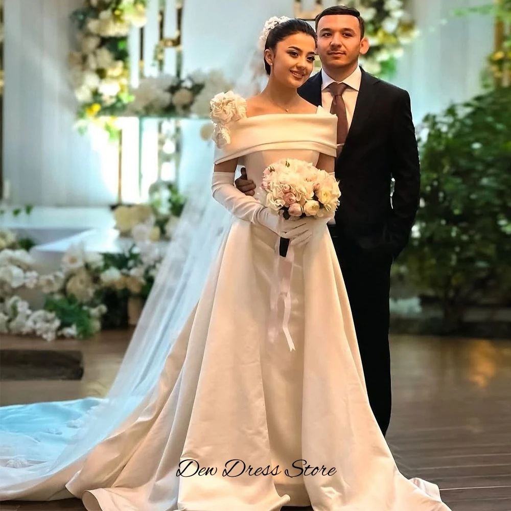 Dromerige 3D-bloemen op maat gemaakte vestido de novia klassieke bruidsjurken met boothals en off-shoulder charmante satijnen trouwjurk