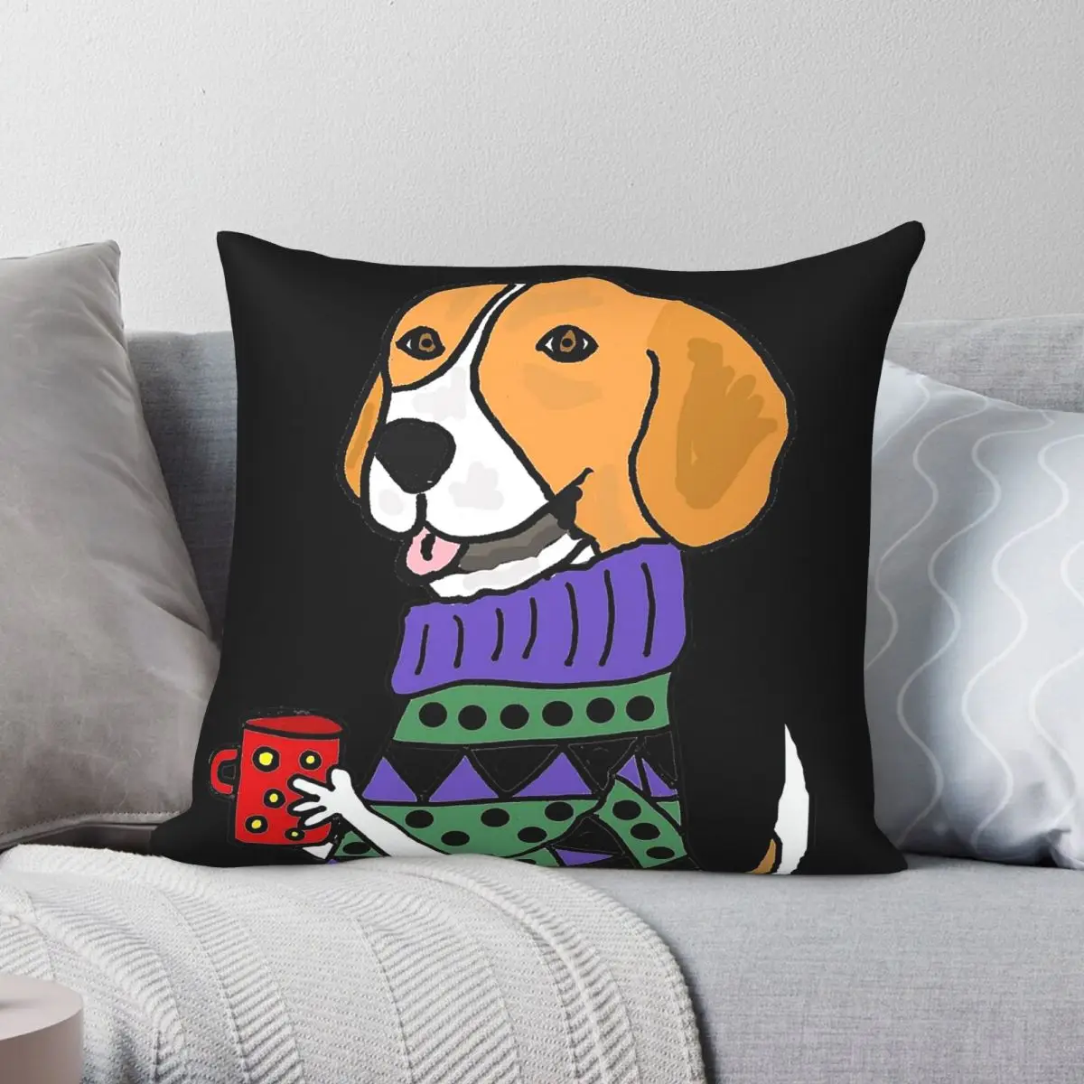 

Beagle Hound Dog Drinking Coffee Square Pillowcase Polyester Linen Velvet Printed Zip Decor Home Cushion Cover