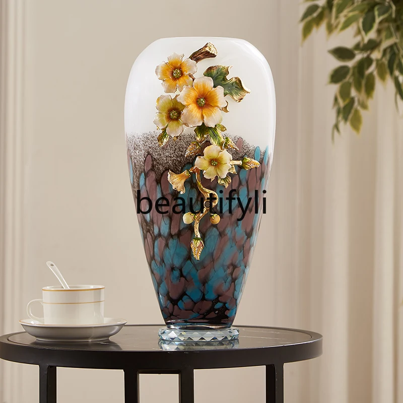 Light luxury high-end enamel colored glass vase ornament, living room entrance flower arrangement Chinese home decoration