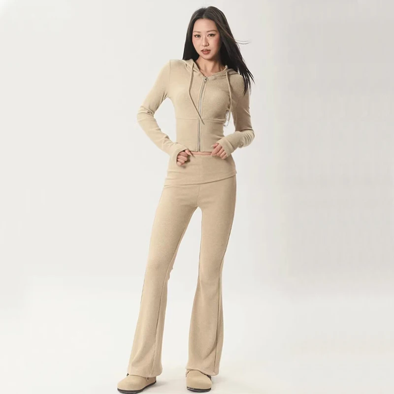 Women's Zip Up Rib Hoodie And Fold Over Rib Flared Trouser Co-ord
