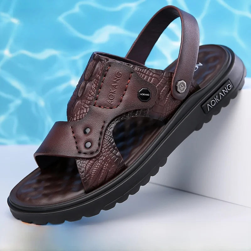 

Мужские сандалии Aokang: повседневные летние кожаные шлепанцы для вождения и пляжа, нескользящие, двойного назначения, из натуральной кожи, дышащие, с открытым носком