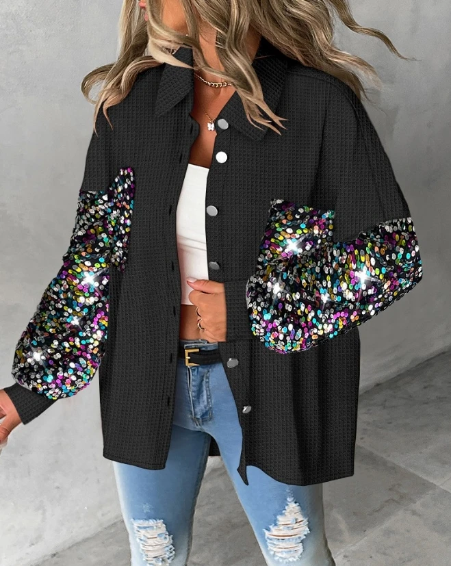 Streetwear Women\'s Denim Jacket 2023 Winter New Fashion Casual Polo Contrast Sequin Tassel Design Fuzzy Patchwork Shaket Y2K