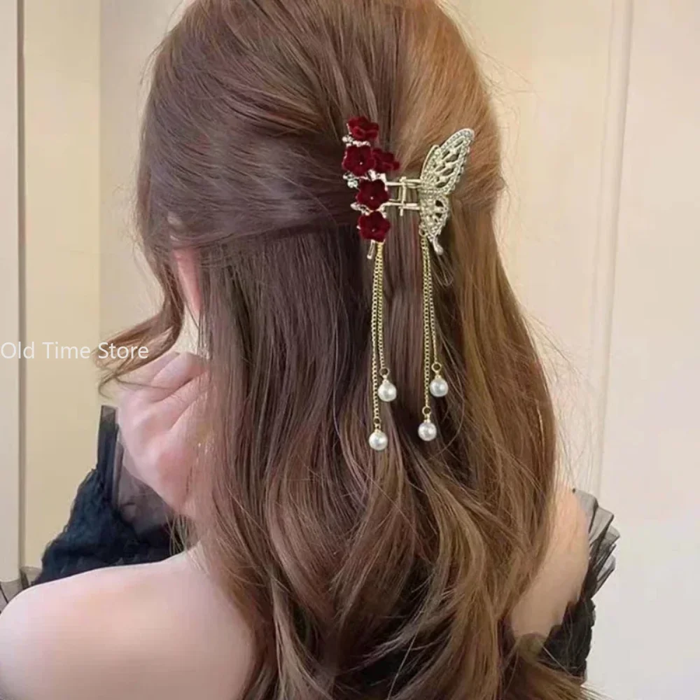 Butterfly Tassel Pearl Hair Claw Red Flower Festival Hairpin for Girls Ponytail Hair Clips Crab Women Fashion Accessories Gifts