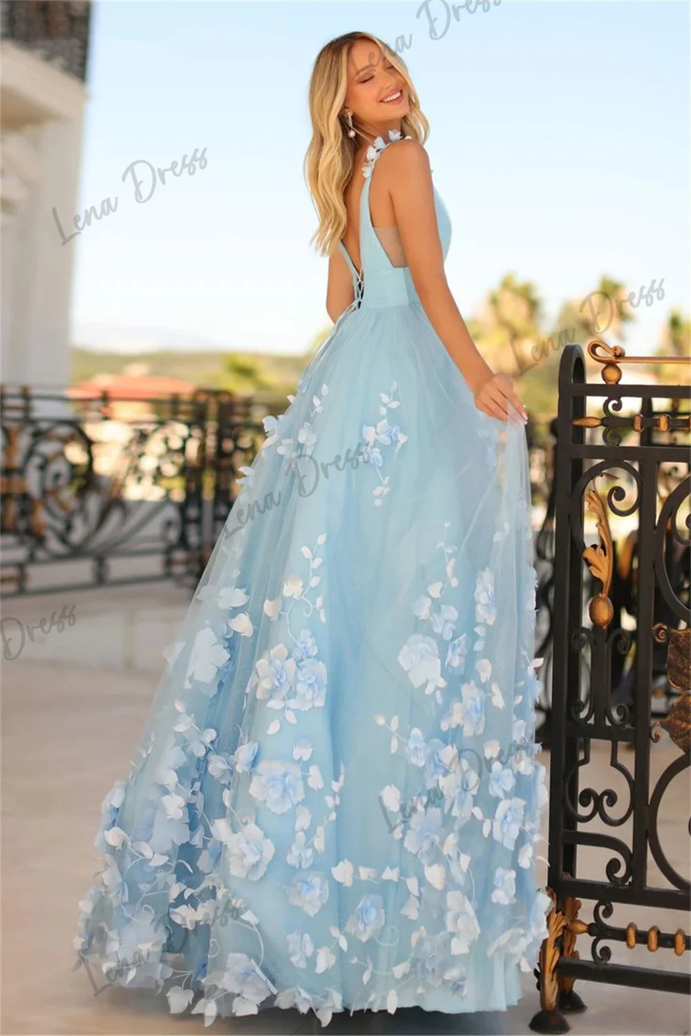 Lena-Strapless Blue Flower Lace Ball Dress V-neck A-line sheer large evening dress