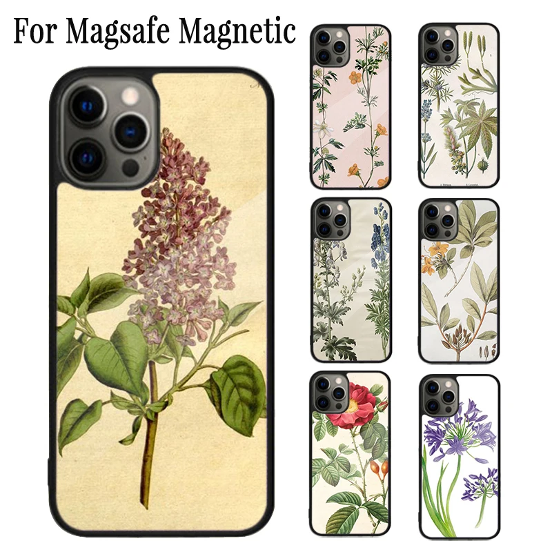 Botanical Drawings Flowers Plants Magnetic Phone Case For iPhone 16 15 14 Plus 13 12 11 Pro Max Magsafe Wireless Charging Cover