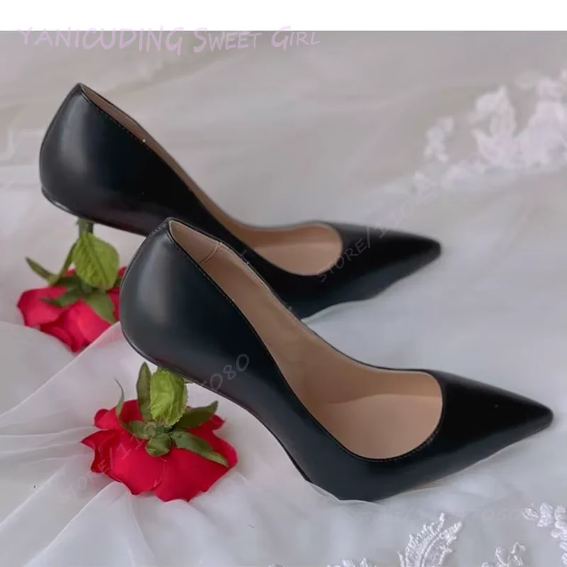 

Vibrant Rosebud Heels Girls Black Leather Pumps Bright Red Pointed-Toe Elegant Party Shoes Slip On Women Simple Solid Colors