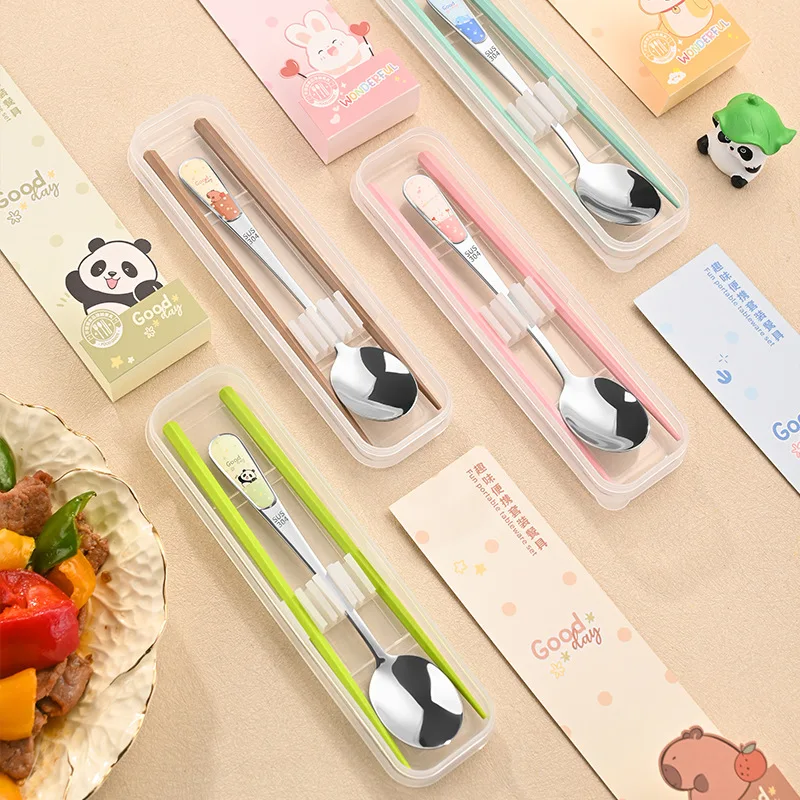 

3PCS Stainless Steel Portable Cutlery Set with Spoon Chopsticks, Resin-Dripped Animal-Shaped Design Suitable for Outdoor Picnics