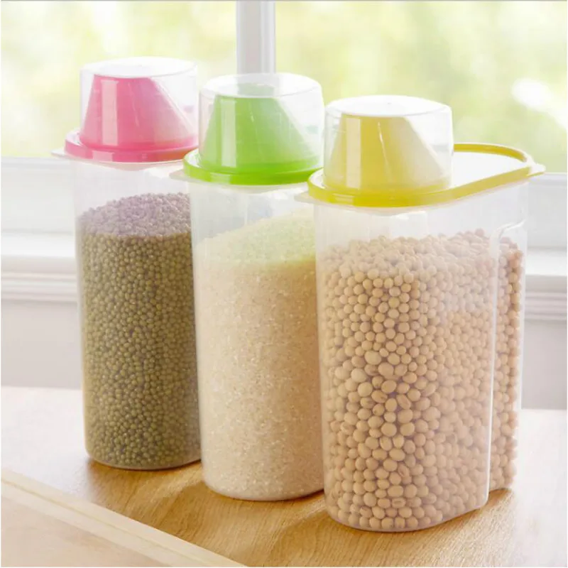 1Pc 1.9/2.5L Plastic Kitchen Rice Cereal Bean Dry Food Storage Dispenser Container Lid Sealed Box Storage Bottles Jar Practical