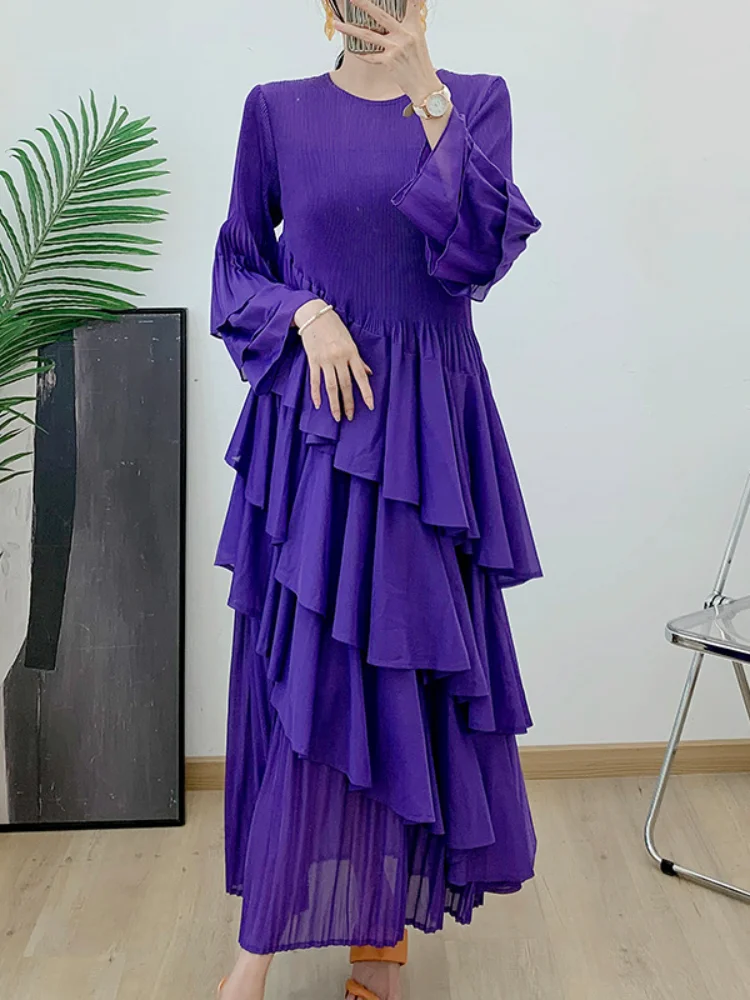 EGRM Ruffles Pleated Dress For Women O-Neck Long Sleeves Fungus Stitching Solid Color Festival Clothing 2024 Summer New 6ER0913