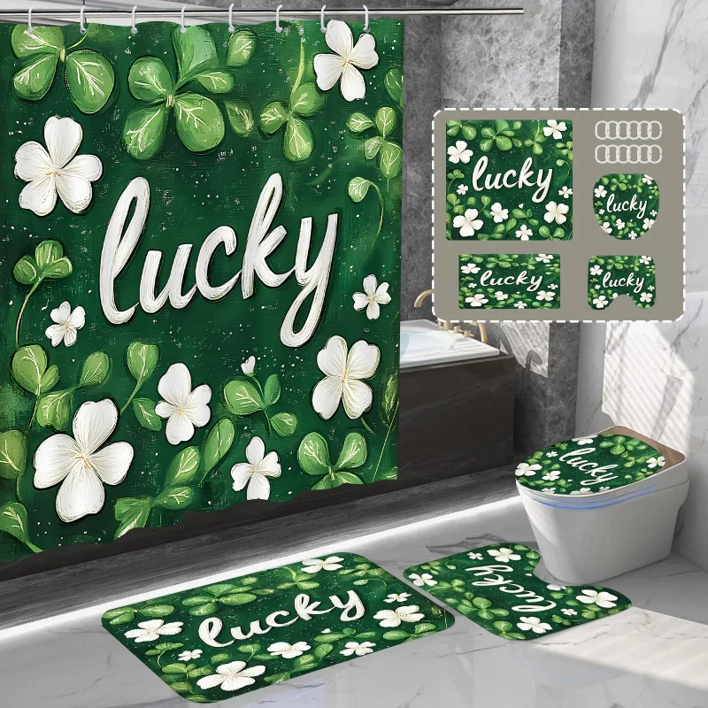 1pc/4pcs St. Patrick's Day Lucky Four-Leaf Clover Print Waterproof , 12 Hooks Free, Set Includes Shower Curtain, N