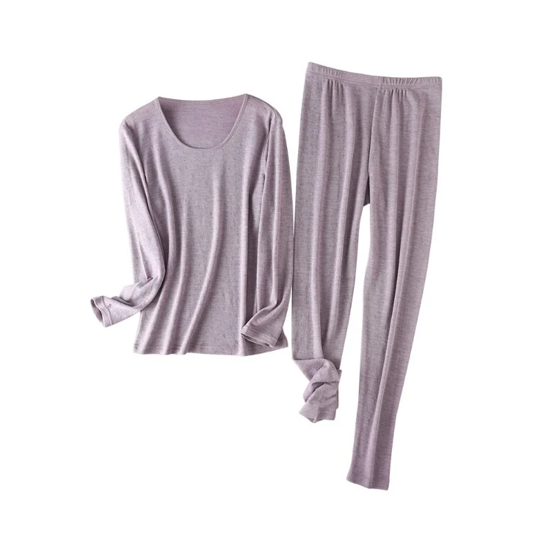 

100% Wool Women Jacquard Thermal Underwear Set Round Neck Bottomed Base Layer Top And Elastic Waist Long Johns