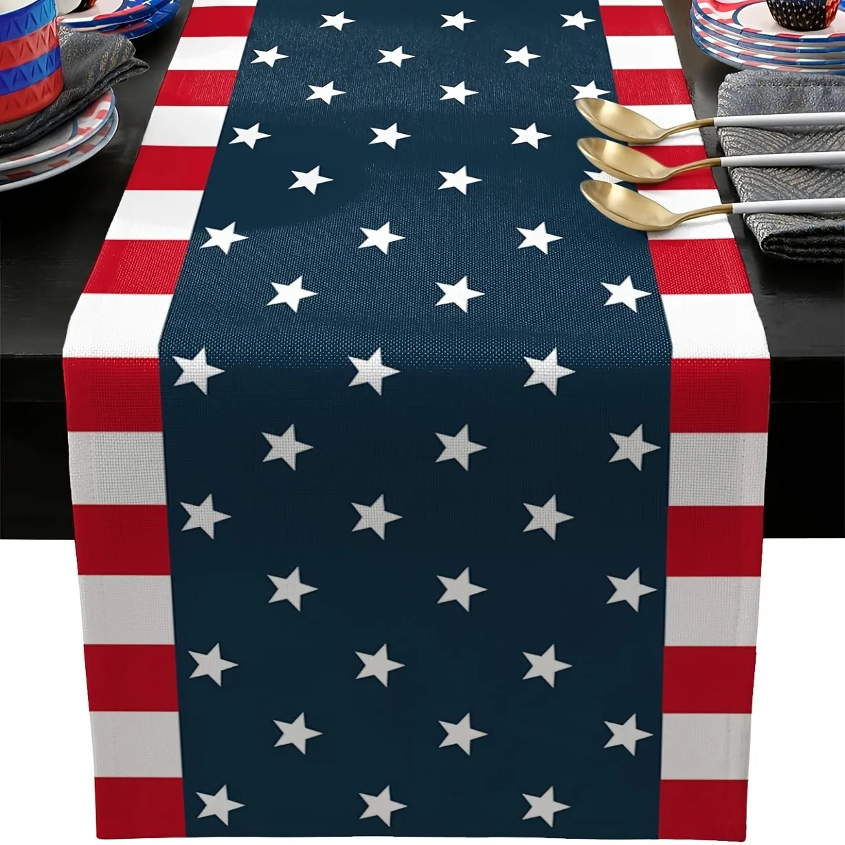 4th of July Table Runner, Red White Stripes Navy Blue White Star Print, Patriotic Independence Day Dining Table Home Decor