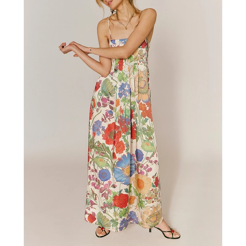 Combhasaki Donna Estate Boho Senza maniche Spalline regolabili Ritaglio posteriore Stampa floreale Abito lungo a trapezio fluido e setoso