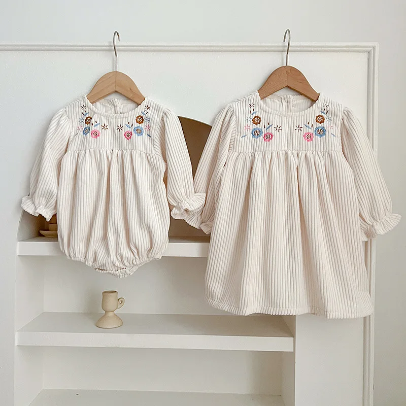 

2025 Autumn New Baby Romper Girls Long Sleeve Embroidered Dress Matching Sister Princess Outfit for Toddler 0-7 Years