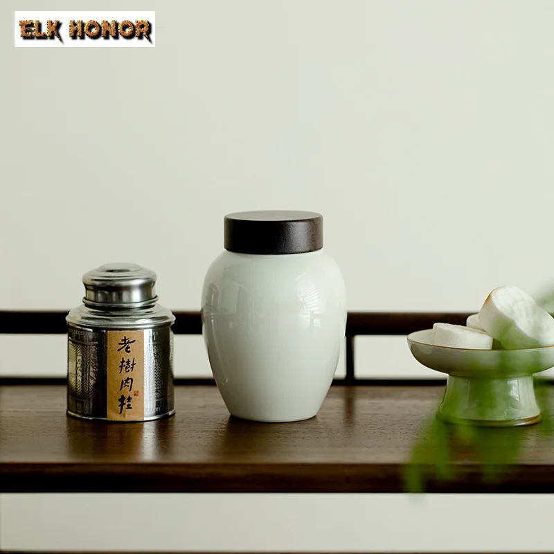 Retro Grass Wood Ash Ceramic Tea Box Elegant Reflecting Moon Tea Leaf Organizer Storage Tank Containers Tea Caddy Cafes Ornament