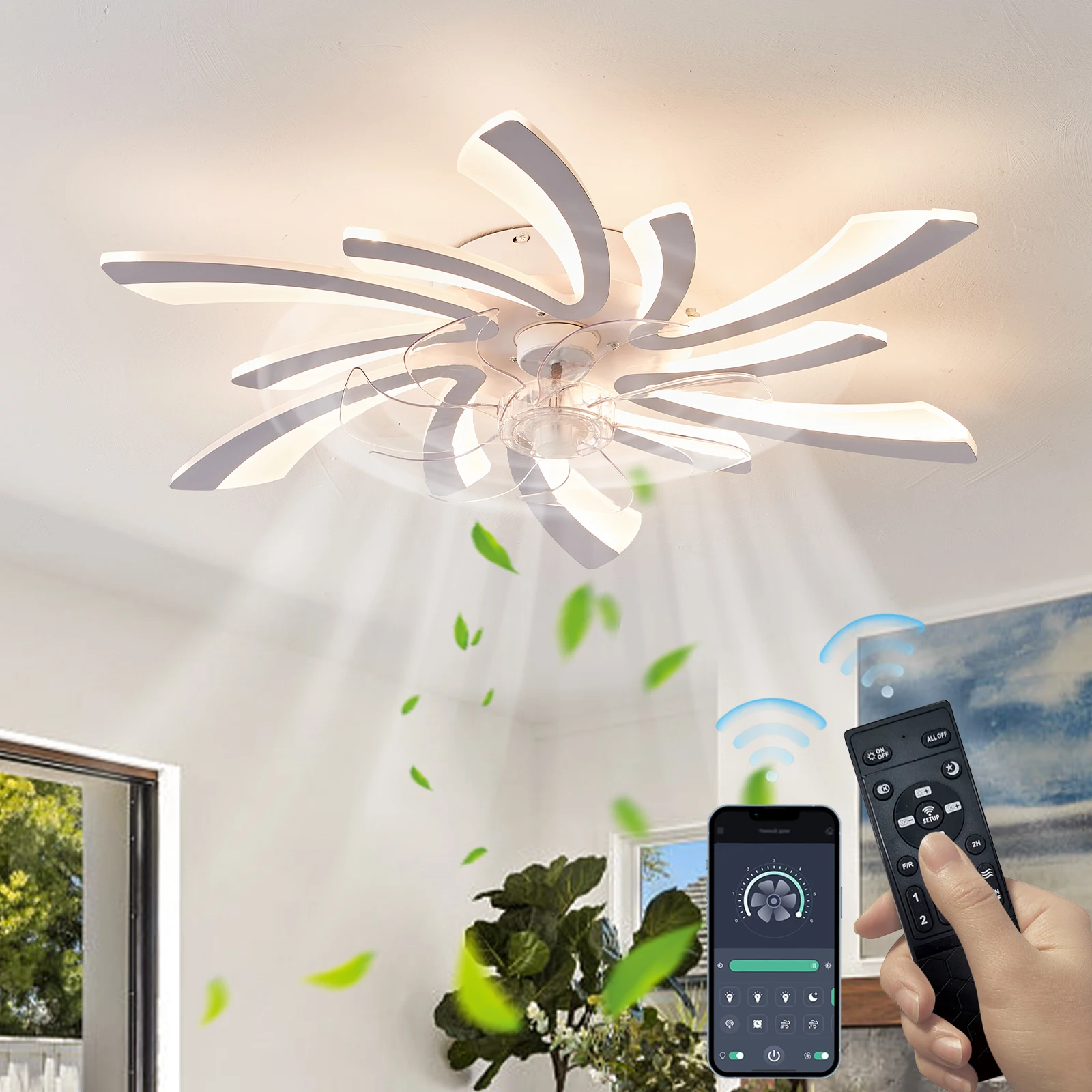 Adjustable ceiling fan light, 6-speed embedded ceiling fan, modern minimalist ceiling fan light, remote control and APP control