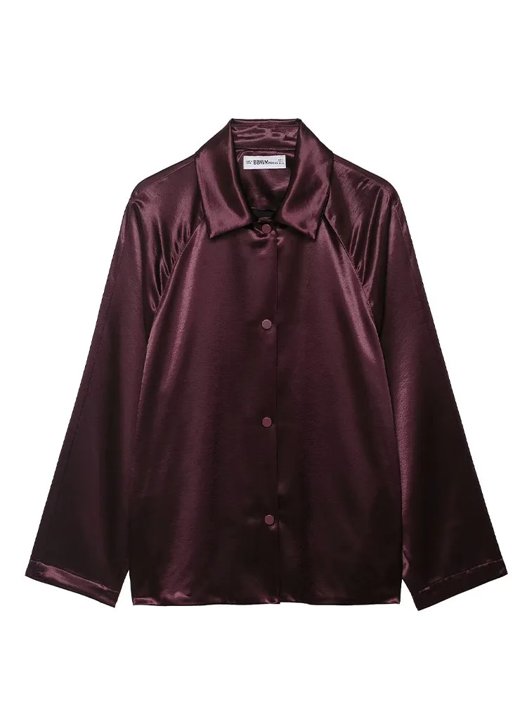 

HH Women's Fashion Vintage Solid Silk Satin Textured Jacket Female Lapel Single Breasted Loose Shirt Style Long Sleeve Coat