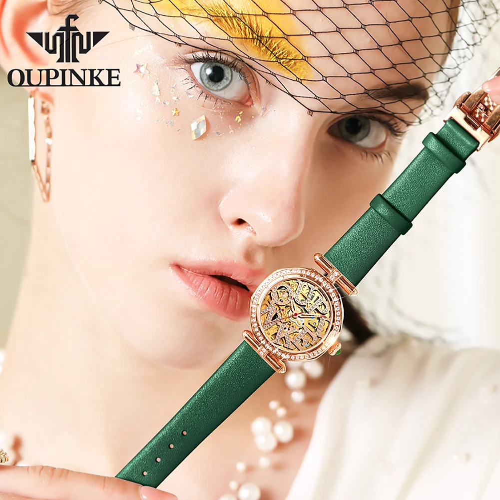 OUPINKE 3175 Hollow Out Automatic Full Diamond Watch for Women Waterproof Skeleton Luxury Elegant Ladies Mechanical Wristwatches