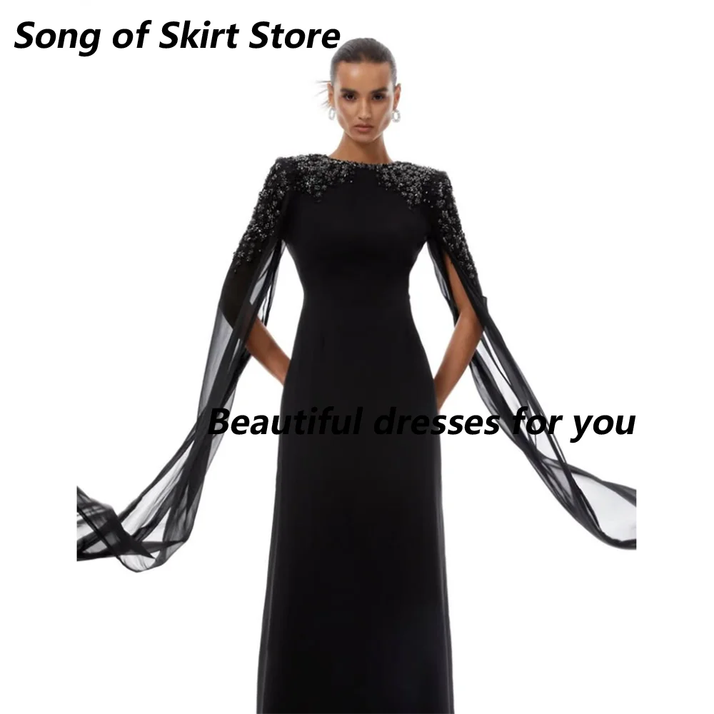 

Customized Luxury Black Evening Dress Crystal Cloak Sleeve O Neck A Line Prom Gown Long Floor Length Formal Party Dress