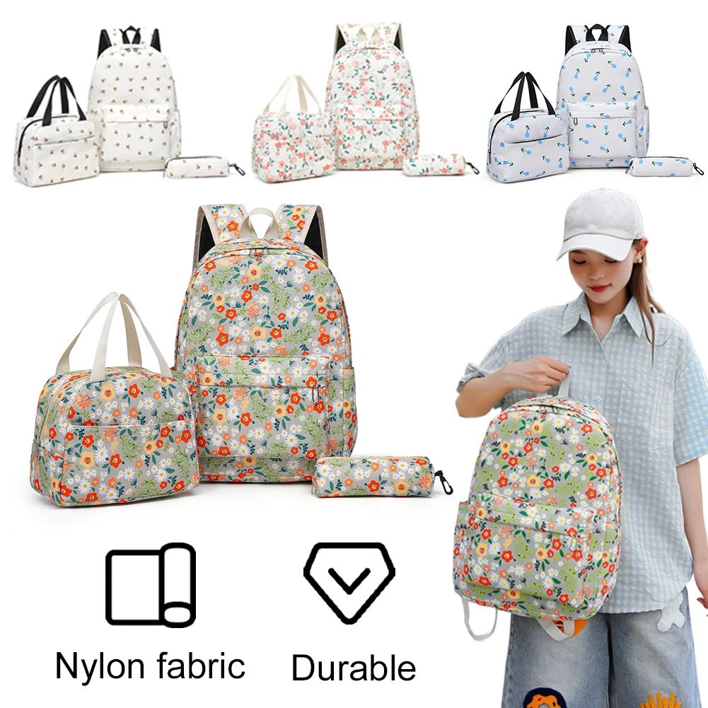 3Pcs Floral Backpack Set Teenagers Book Bag with Lunch Bag & Pen Case Nylon Laptop Backpack Large Capacity Travel Daypack