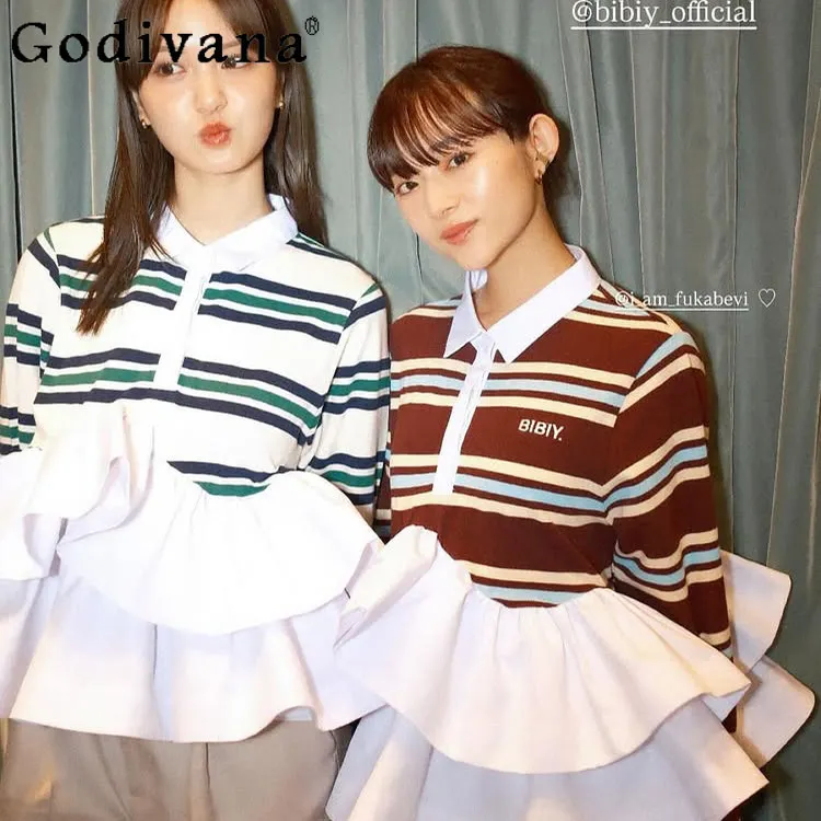 

2026 Spring New Japanese Style Ruffled Striped Long Sleeve Top Turn-Down Collar Casual Commuting Versatile Women's Polo Shirt