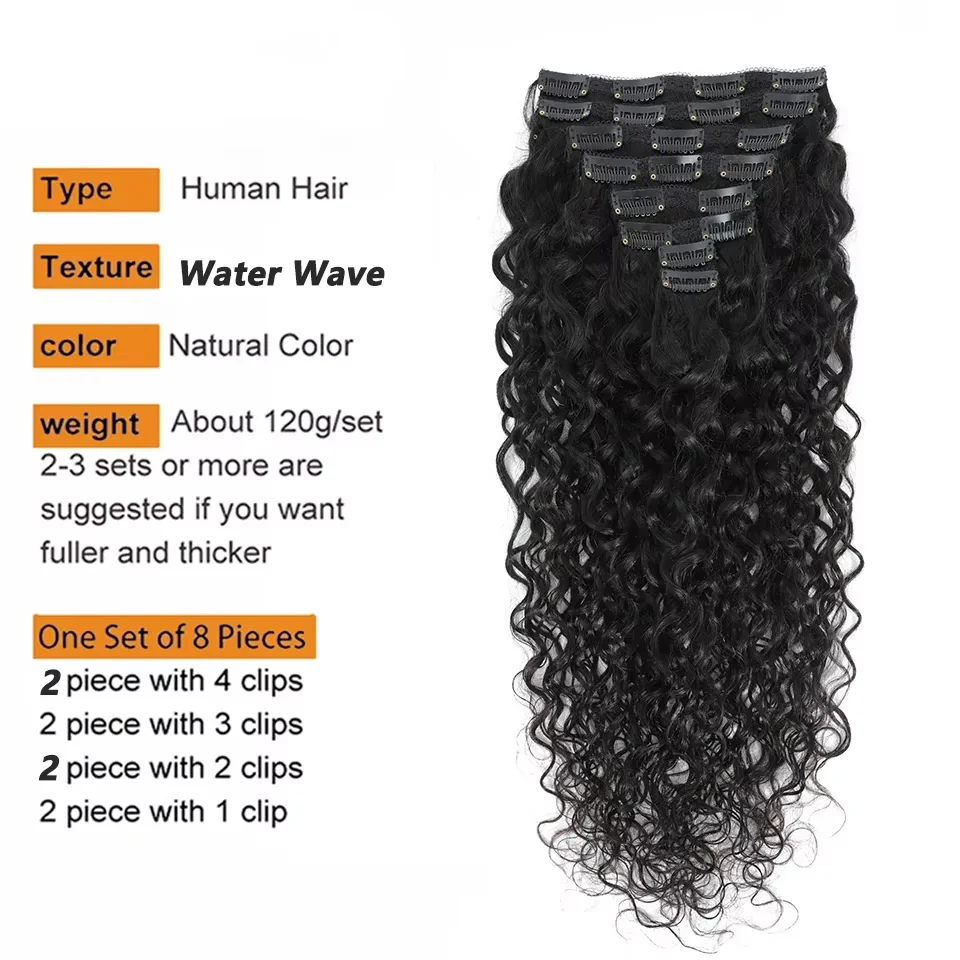 Water Wave Clip in Hair Extensions Human Hair Natural Black 1B Double Weft Curly Clip ins Extensions for Women Clip on Wave Hair Extension Deep Wave Clip in Hair Extensions Real Human Hair Brazilian Virgin Human Hair Clip 8Pcs Remy Hair with 18Clips 120g