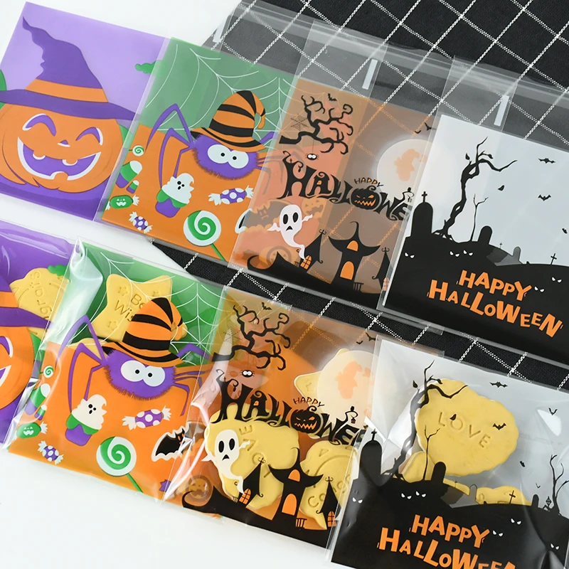 100pcs Halloween Cellophane Bags Happy Halloween Clear Pumpkin Ghost Candy Bags Self-adhesive Plastic Cookies Packaging Bags