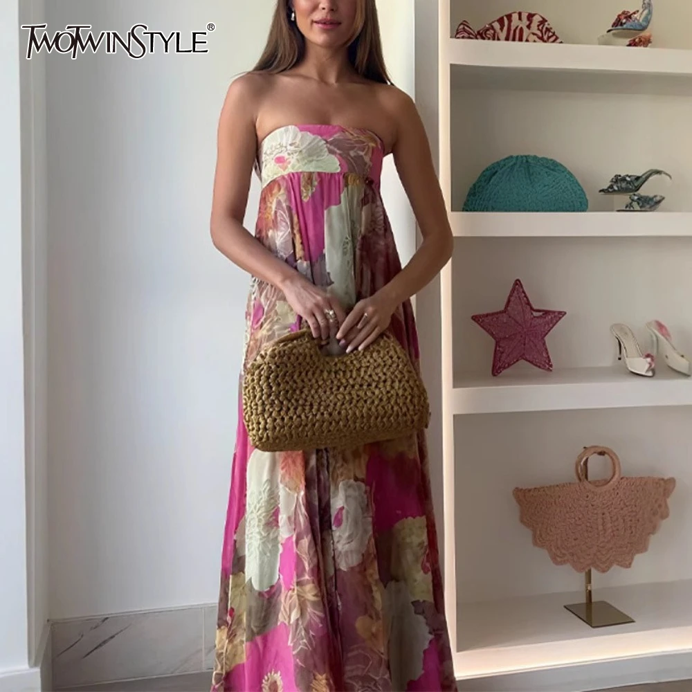 TWOTWINSTYLE Sukienki damskie z kwiatowym nadrukiem świątecznym, bez ramiączek, bez rękawów, z wysokim stanem, francuski temperament, długa sukienka damska, nowość