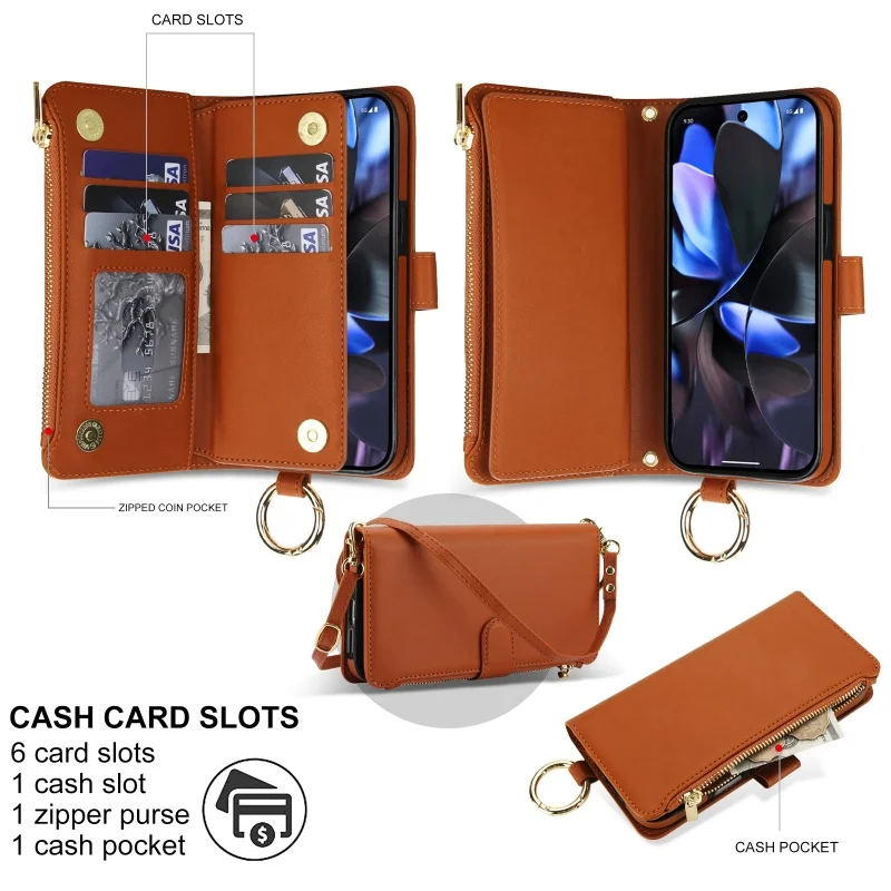 Luxury Lanyard Crossbody Zipper Leather Ring Wristband Wallet Card Slots Flip Phone Case For Google Pixel 10 9 Pro XL Back Cover