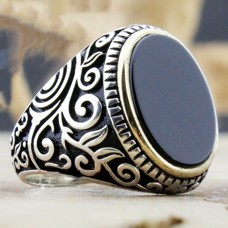 New Fashion Flat Black Crystal Carved Pattern Men\'s Ring European and American Ring Jewelry