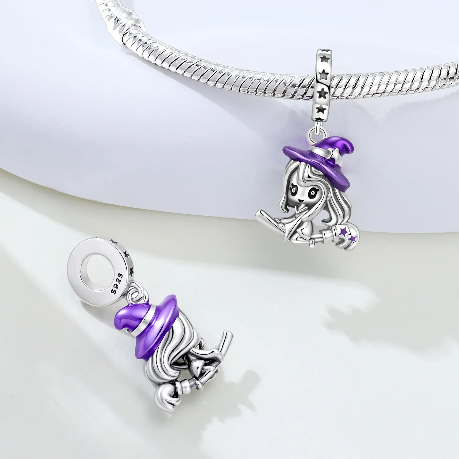 S925 Sterling Silber Halloween-Anhänger Kürbis Fledermaus Perle Hexen-Charm Passend für Armband DIY Schmuckherstellung Halloween-Party-Accessoires