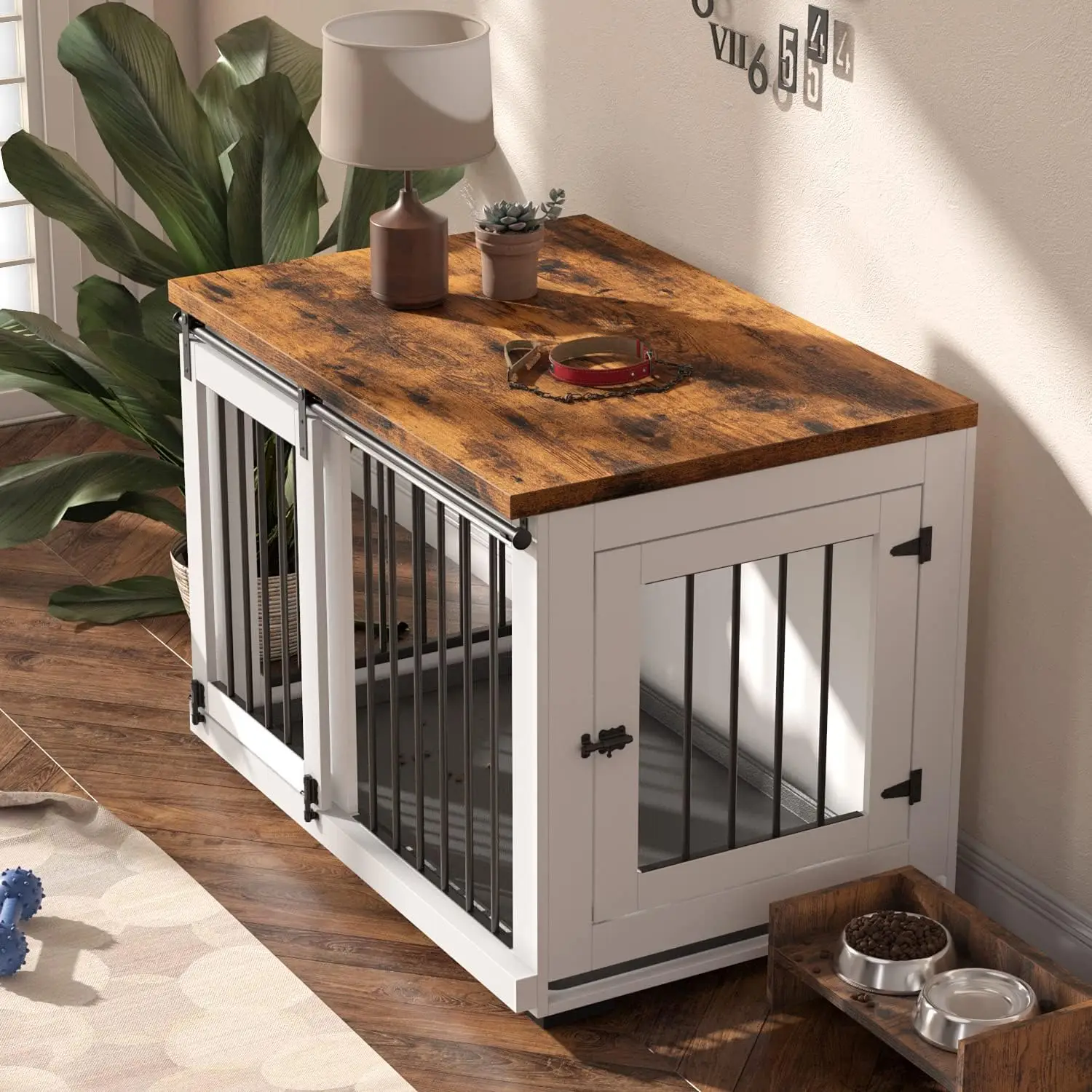 Dog Crate Furniture for Large Dogs Up to 60 lbs. - Barn Door Puppy Kennel w/Thickened Farmhouse Top & Metal Bars - 37'' Wide