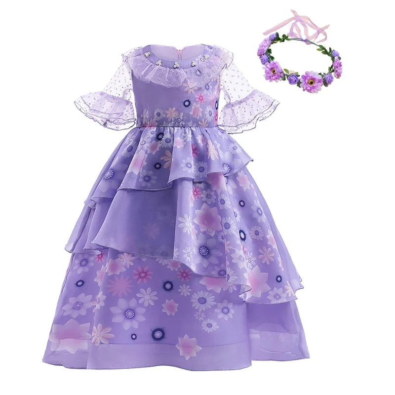 Girls Short Layered Flared Mesh Sleeve Flowers Princess Dress With Garland For Halloween Carnival Birthday Party Dress Up Outfit