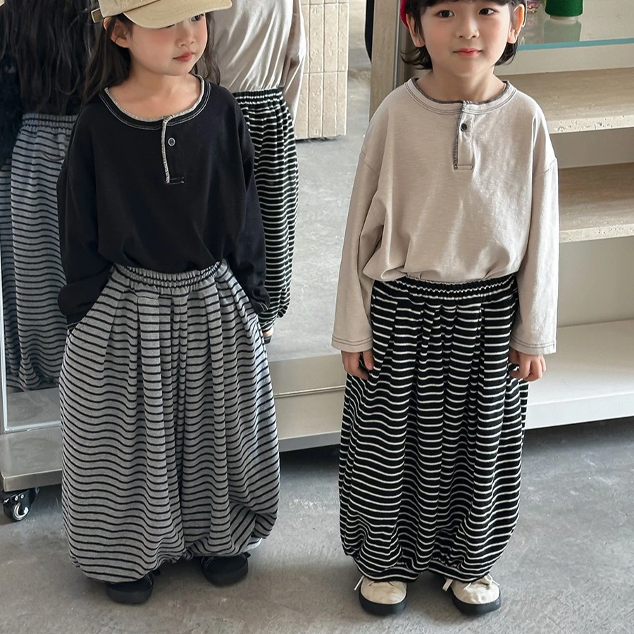 Kids Pants 2026 Spring And Summer New Childrens Clothing Korean Style Boys And Girls Loose Foreign Style Striped Knitted Pants