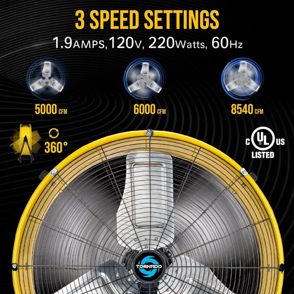 Ventilatore a tamburo in metallo inclinabile per impieghi gravosi ad alta velocità da 24 pollici giallo commerciale, uso industriale 3 velocità 8540 CFM 1/3 HP cavo da 8 piedi