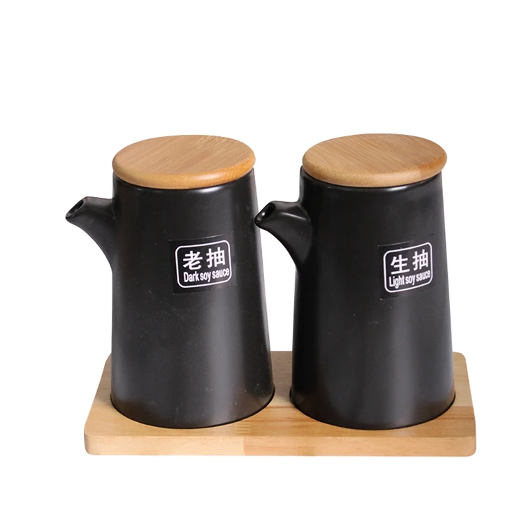 Lanfengye 2024 New Design Creative Kitchen Ceramic Oil Jar with Bamboo Lid Cooking Set with Stand Seasoning Bottle