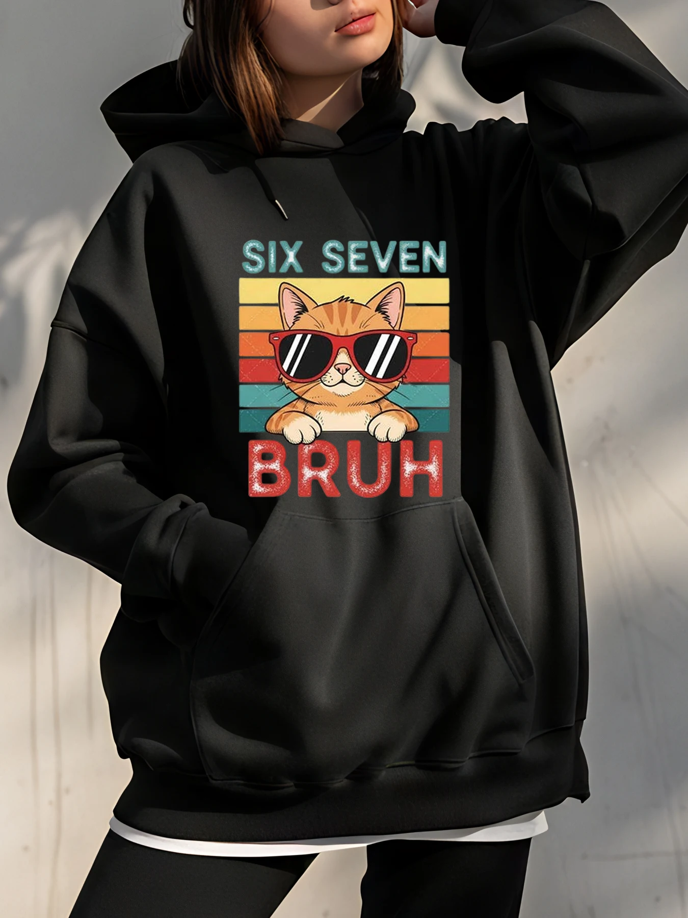 Felpa con cappuccio Six Seven Bruh Cat con design a righe retrò e occhiali da sole stampati per abbigliamento casual all'aperto